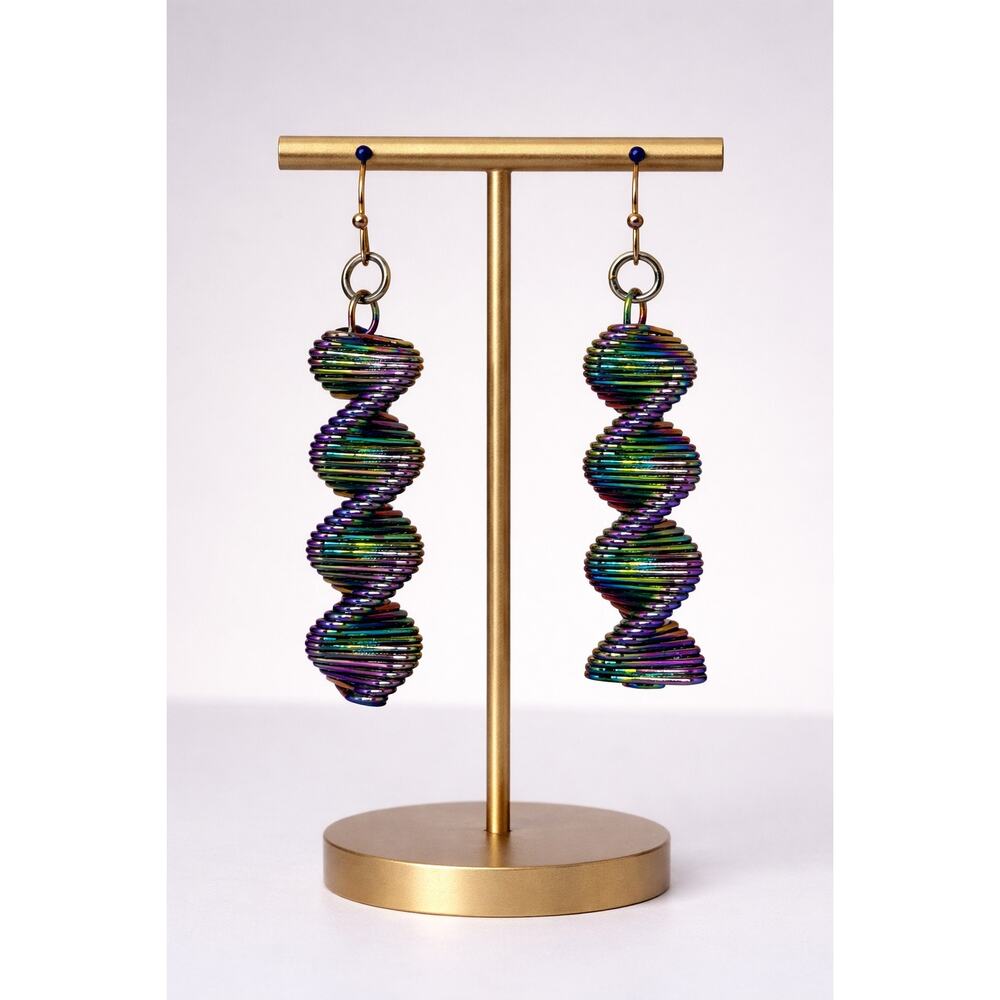 Handmade Iridescent Spiral Dangle Earrings NIP | Rainbow Coil Drop 2” Boho